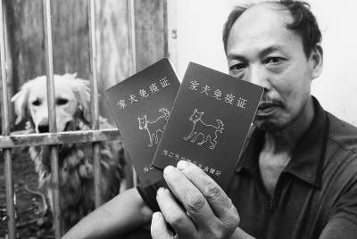 2008年8月22日，海口市演丰镇坡头村村民张德孝展示他家刚获得的两本“家犬免疫证”。CFP供图